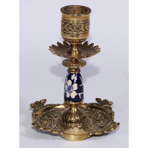 1391 - A pair of Aesthetic Movement gilt brass and earthenware candlesticks, cast and decorated in the Japa... 