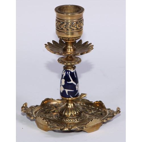 1391 - A pair of Aesthetic Movement gilt brass and earthenware candlesticks, cast and decorated in the Japa... 