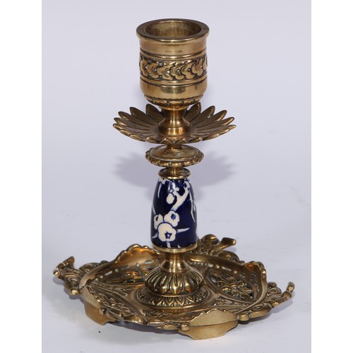 1391 - A pair of Aesthetic Movement gilt brass and earthenware candlesticks, cast and decorated in the Japa... 