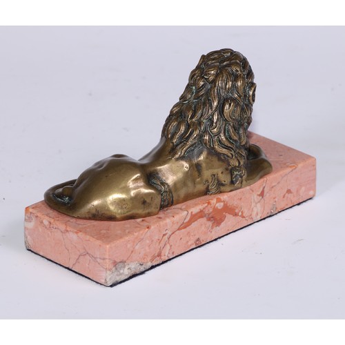 1462 - French School, 19th century, a pair of bronzes, recumbent lions, facing to dexter and sinister, marb... 