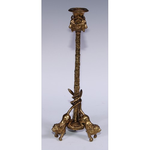 1188 - A pair of French gilt bronze tripod candlesticks, campana sconces with caprine masks, fruiting vine ... 