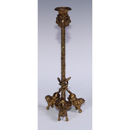 1188 - A pair of French gilt bronze tripod candlesticks, campana sconces with caprine masks, fruiting vine ... 