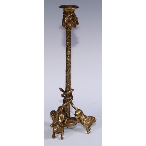 1188 - A pair of French gilt bronze tripod candlesticks, campana sconces with caprine masks, fruiting vine ... 