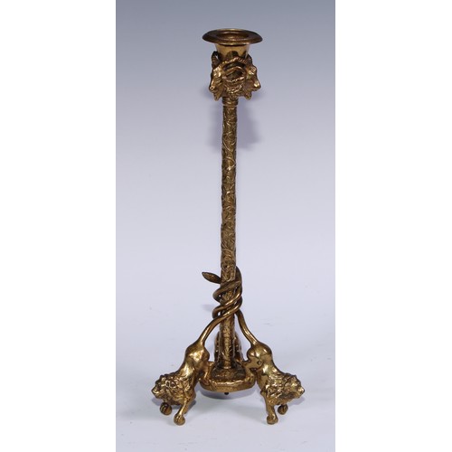 1188 - A pair of French gilt bronze tripod candlesticks, campana sconces with caprine masks, fruiting vine ... 