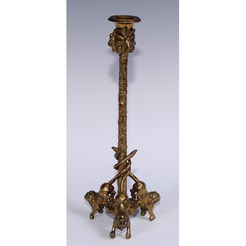 1188 - A pair of French gilt bronze tripod candlesticks, campana sconces with caprine masks, fruiting vine ... 