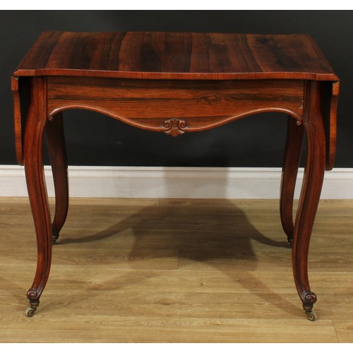 996 - A 19th century rosewood sofa table, shaped rectangular top with fall leaves above a long frieze draw... 