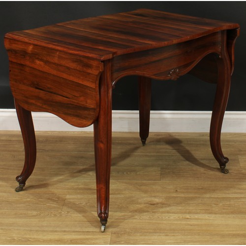 996 - A 19th century rosewood sofa table, shaped rectangular top with fall leaves above a long frieze draw... 