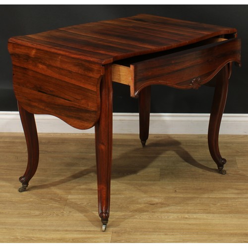 996 - A 19th century rosewood sofa table, shaped rectangular top with fall leaves above a long frieze draw... 