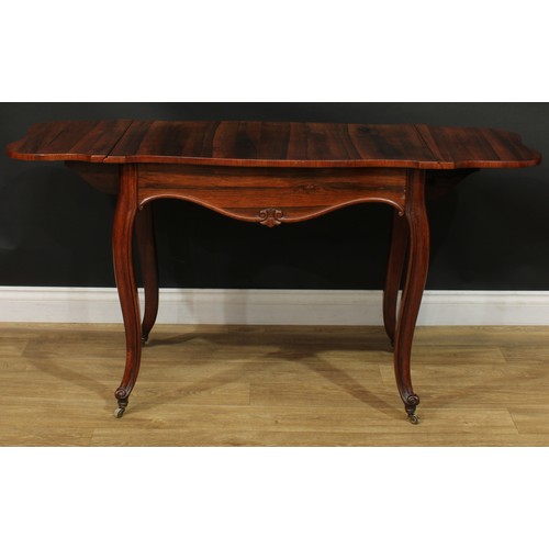 996 - A 19th century rosewood sofa table, shaped rectangular top with fall leaves above a long frieze draw... 