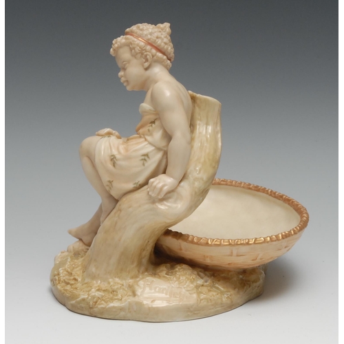 423 - A Royal Worcester Hadley figural bowl, Africa, seated on an oval basket, 19.5cm high, printed crown ... 