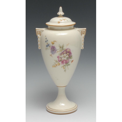 432 - A Royal Worcester two handled pedestal ovoid vase and cover, painted with summer flowers, 28.5cm hig... 