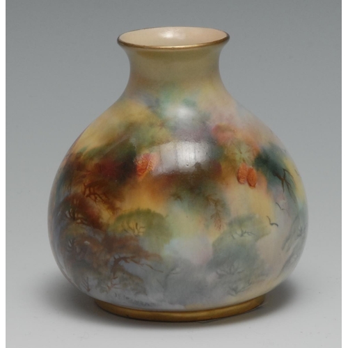 426 - A Royal Worcester ovoid vase, painted by J Flexman, signed, painted with a peacock, 7.5cm high,  pri... 