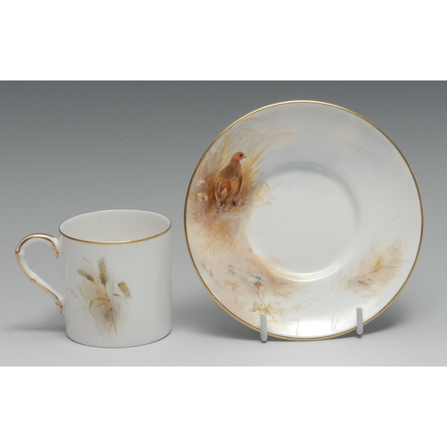 422 - A Royal Worcester coffee can and saucer, painted  by James Stinton, signed, with partridge amongst g... 