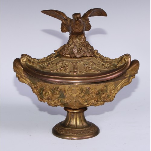 1195 - A pair of Neoclassical style gilt bronze navette shaped urns, eagle crestings, cast with flowers, ri... 