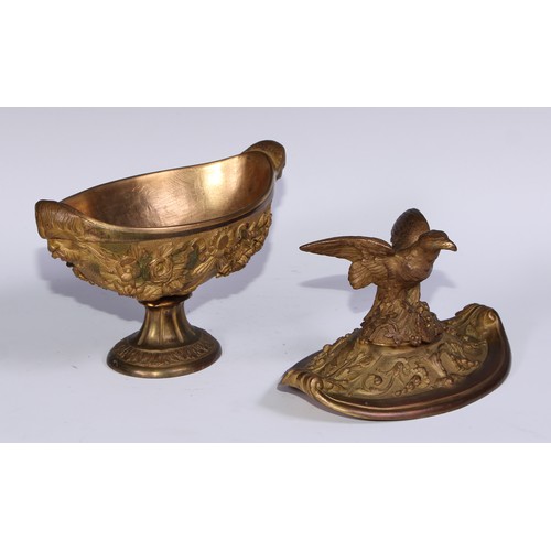 1195 - A pair of Neoclassical style gilt bronze navette shaped urns, eagle crestings, cast with flowers, ri... 