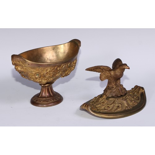 1195 - A pair of Neoclassical style gilt bronze navette shaped urns, eagle crestings, cast with flowers, ri... 