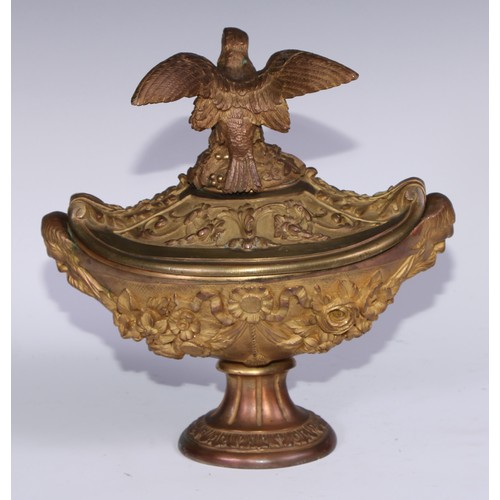 1195 - A pair of Neoclassical style gilt bronze navette shaped urns, eagle crestings, cast with flowers, ri... 