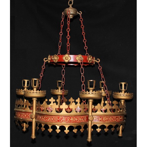 1307 - An important mid-19th century Gothic Revival brass, iron and painted ecclesiastic chandelier or coro... 