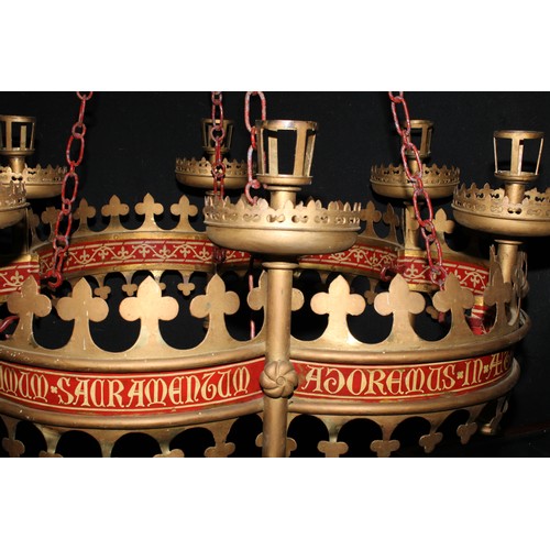 1307 - An important mid-19th century Gothic Revival brass, iron and painted ecclesiastic chandelier or coro... 