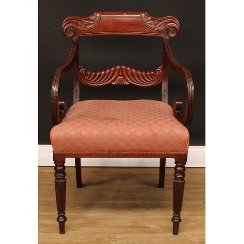 1396 - A pair of George IV mahogany bar-back desk chairs or carvers, each with a curved cresting rail carve... 