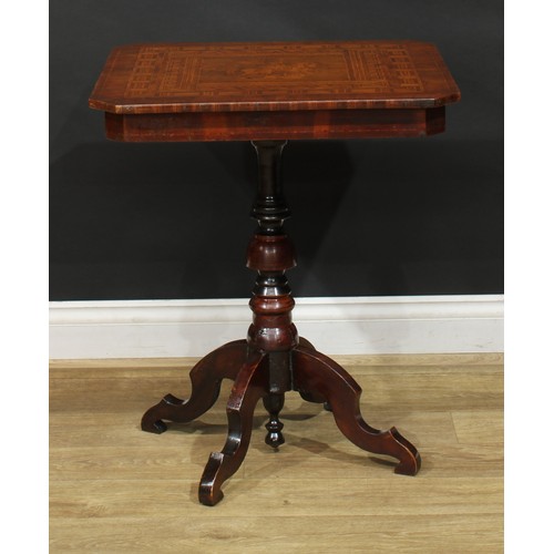 908 - A 19th century Italian Sorrento marquetry centre table, chamfered square tilting top inlaid with Sai... 