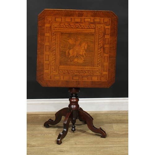 908 - A 19th century Italian Sorrento marquetry centre table, chamfered square tilting top inlaid with Sai... 