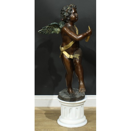 918 - Continental School, a brown patinated and cold painted bronze, of an amorini, 85cm high, marble plin... 