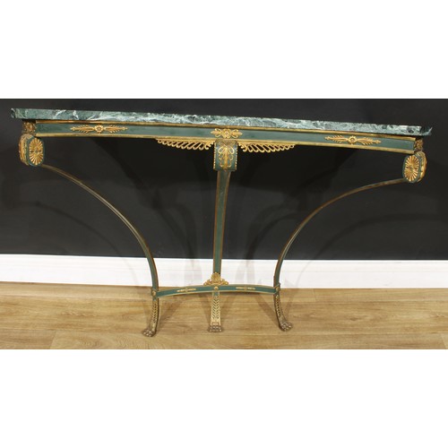 1276 - A gilt metal and painted console table, incurve verde antico marble top with hipped foreangles, the ... 