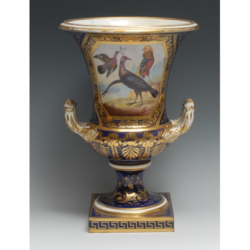 473 - A 19th century Derby two handled campana shaped vase, painted in the manner Richard Dodson, in polyc... 