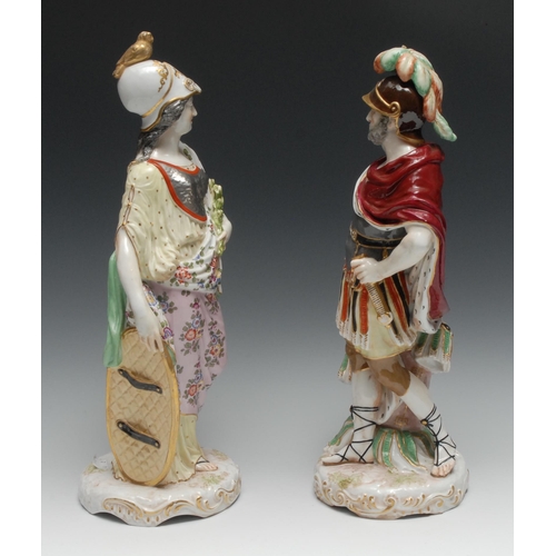 531 - A pair of large Continental porcelain figures, Mars and Minerva, they stand in plummed helmets, both... 