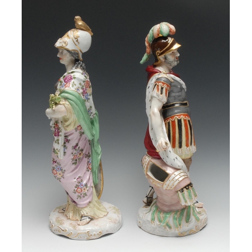 531 - A pair of large Continental porcelain figures, Mars and Minerva, they stand in plummed helmets, both... 