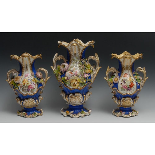 454 - A  19th century Coalbrookdale garniture, each painted and encrusted with flowers, on a blue ground, ... 