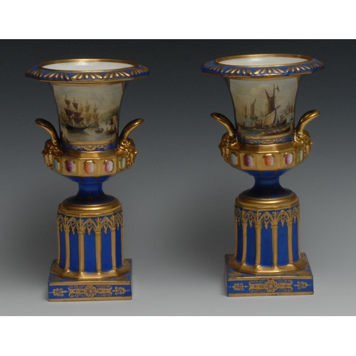 464 - A pair of 19th century Minton pedestal campana vases, painted by Thomas Till, with sailing boats off... 