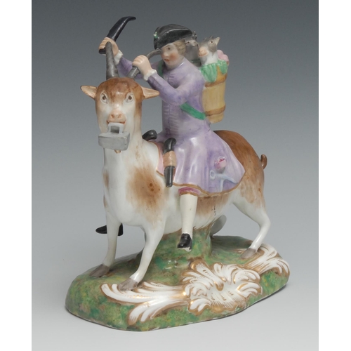 460 - A Derby type figure, The Welch Tailor, he seated astride a goat, he wearing a tricorn hat with a pan... 