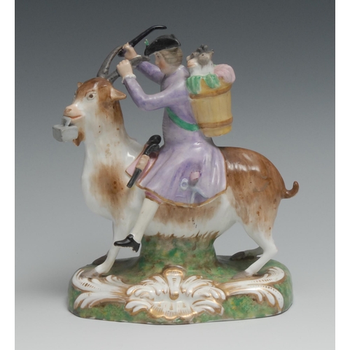 460 - A Derby type figure, The Welch Tailor, he seated astride a goat, he wearing a tricorn hat with a pan... 