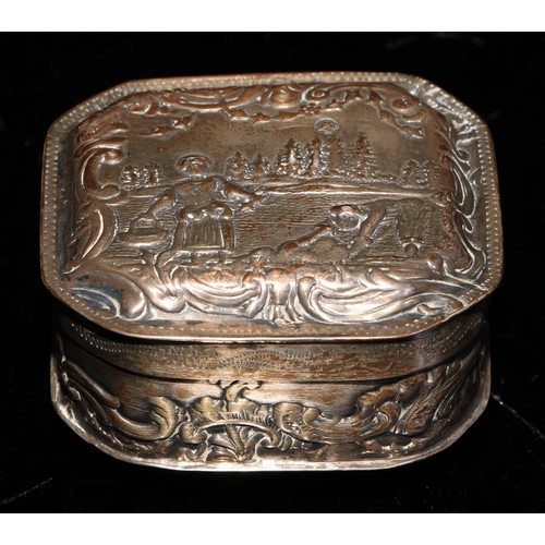 318 - A continental silver canted rectangular snuff box, embossed in low relief with cattle and other rura... 