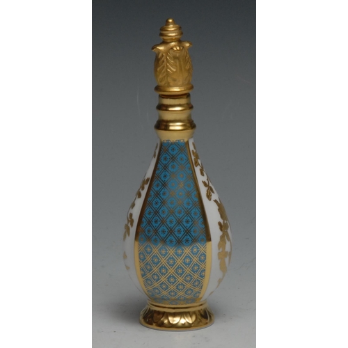 491 - A Lynton baluster scent bottle, in gilt with reserves of birds on leafy branches, divided by panels ... 