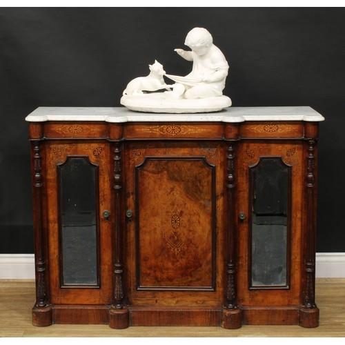 1343 - A late Victorian walnut and marquetry side cabinet or credenza, marble top above a pair of mirrored ... 