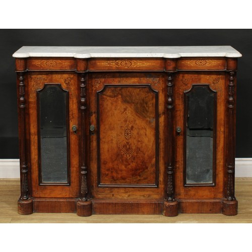 1343 - A late Victorian walnut and marquetry side cabinet or credenza, marble top above a pair of mirrored ... 