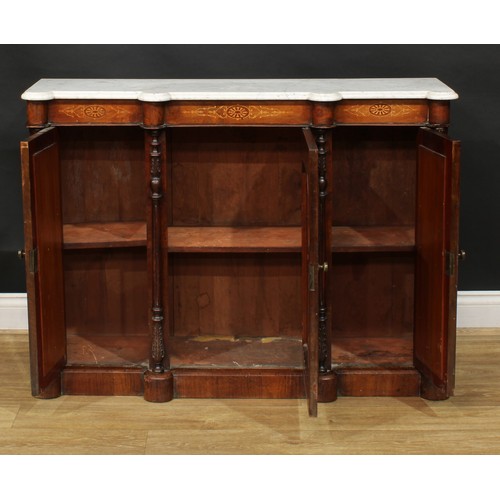 1343 - A late Victorian walnut and marquetry side cabinet or credenza, marble top above a pair of mirrored ... 