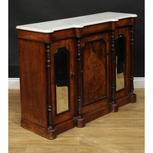 1343 - A late Victorian walnut and marquetry side cabinet or credenza, marble top above a pair of mirrored ... 