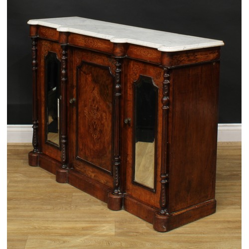 1343 - A late Victorian walnut and marquetry side cabinet or credenza, marble top above a pair of mirrored ... 