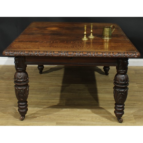 1337 - A late Victorian oak dining table, rectangular top with foliate carved edge, turned legs carved with... 