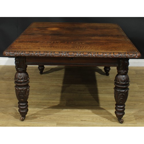 1337 - A late Victorian oak dining table, rectangular top with foliate carved edge, turned legs carved with... 