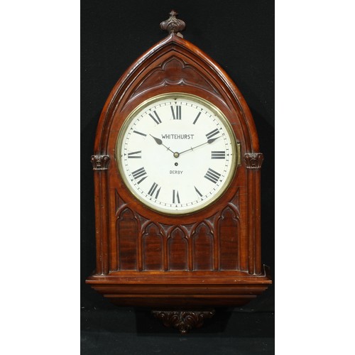 987 - A Gothic Revival mahogany wall clock, 34cm circular dial inscribed Whitehurst, Derby, Roman numerals... 