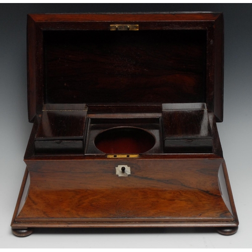 1201 - A post-Regency rosewood concave sarcophagus tea caddy, hinged cover enclosing a bowl aperture and a ... 