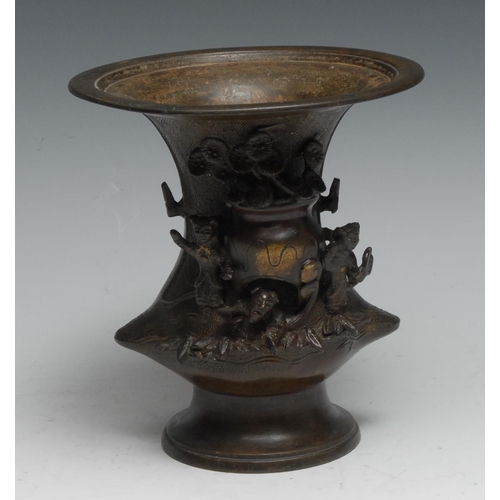 760 - A Chinese bronze vase, cast with figures beside a censer crested by blossoming prunus, 15cm high, 19... 