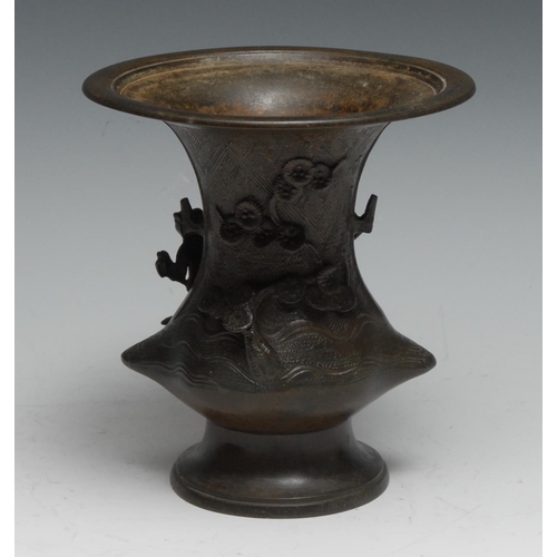 760 - A Chinese bronze vase, cast with figures beside a censer crested by blossoming prunus, 15cm high, 19... 