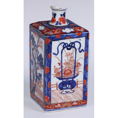 763 - A 17th century Japanese square vase, painted in the Imari palette with ikebana, flowers and prunus, ... 