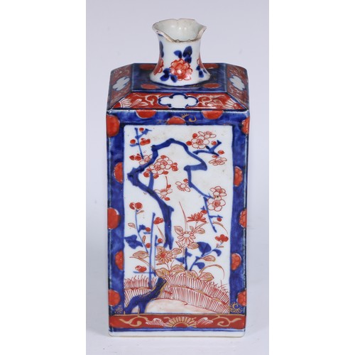 763 - A 17th century Japanese square vase, painted in the Imari palette with ikebana, flowers and prunus, ... 